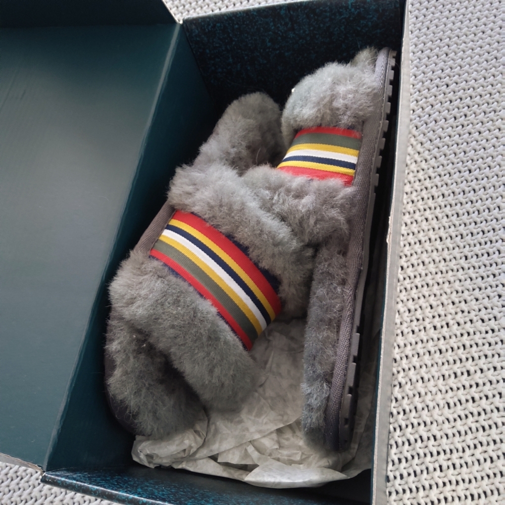 EMU AUstralia Grey Shearling Slippers with Multicolor Stripes